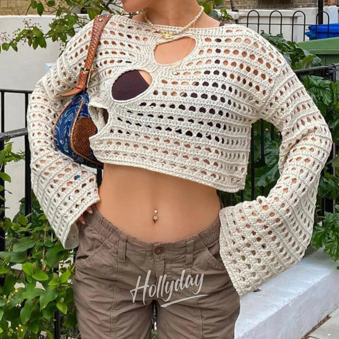 LaPose Fashion - Yvonne Crop Knit Sweater - Clothing, Crochet Tops, Knitted Tops, Long Sleeve Tops, Sweater, Tops