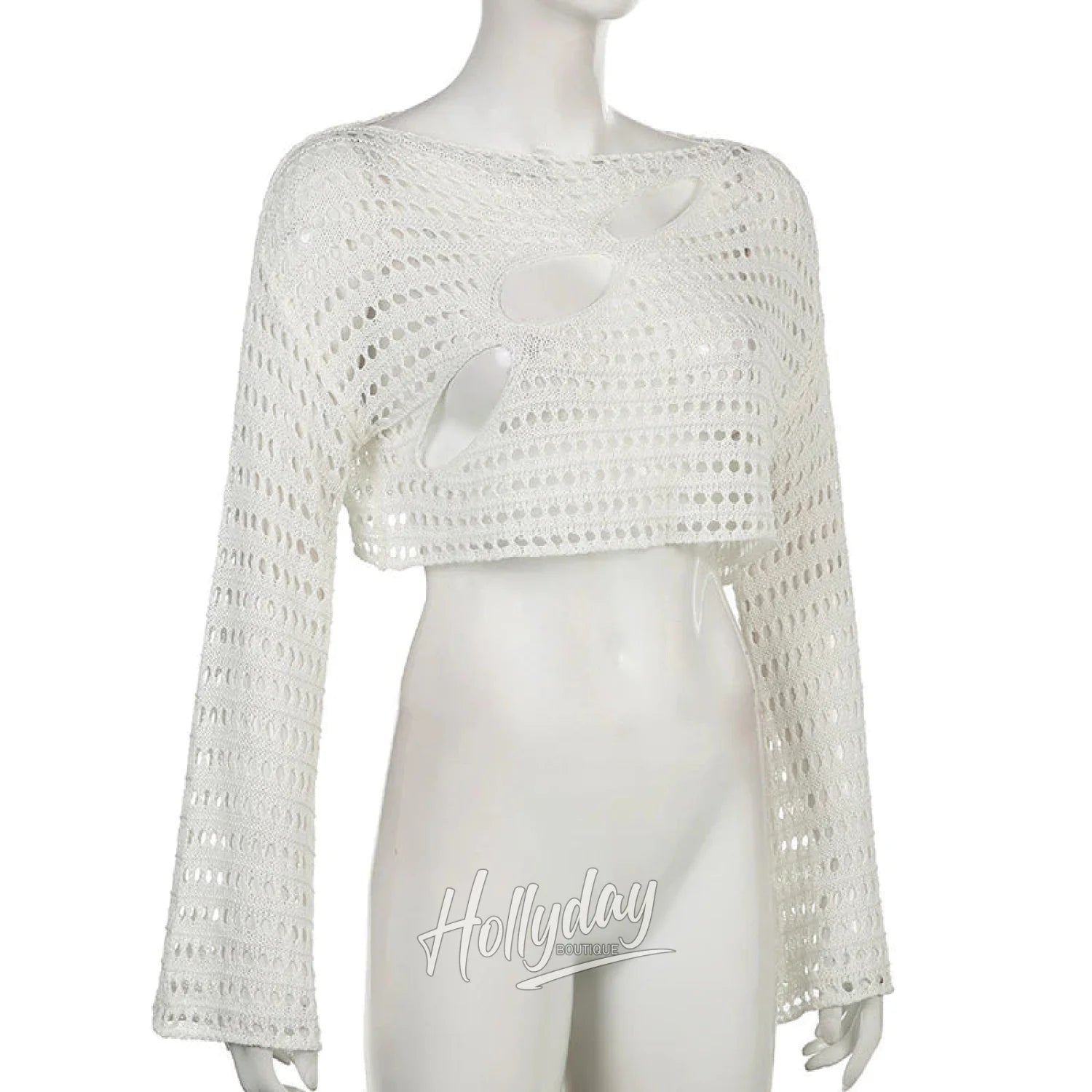 LaPose Fashion - Yvonne Crop Knit Sweater - Clothing, Crochet Tops, Knitted Tops, Long Sleeve Tops, Sweater, Tops