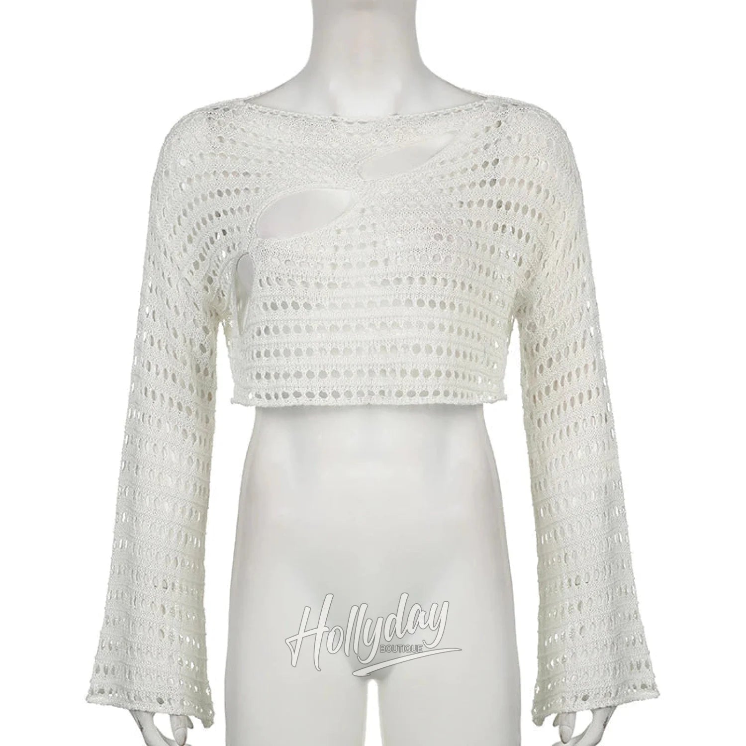 LaPose Fashion - Yvonne Crop Knit Sweater - Clothing, Crochet Tops, Knitted Tops, Long Sleeve Tops, Sweater, Tops