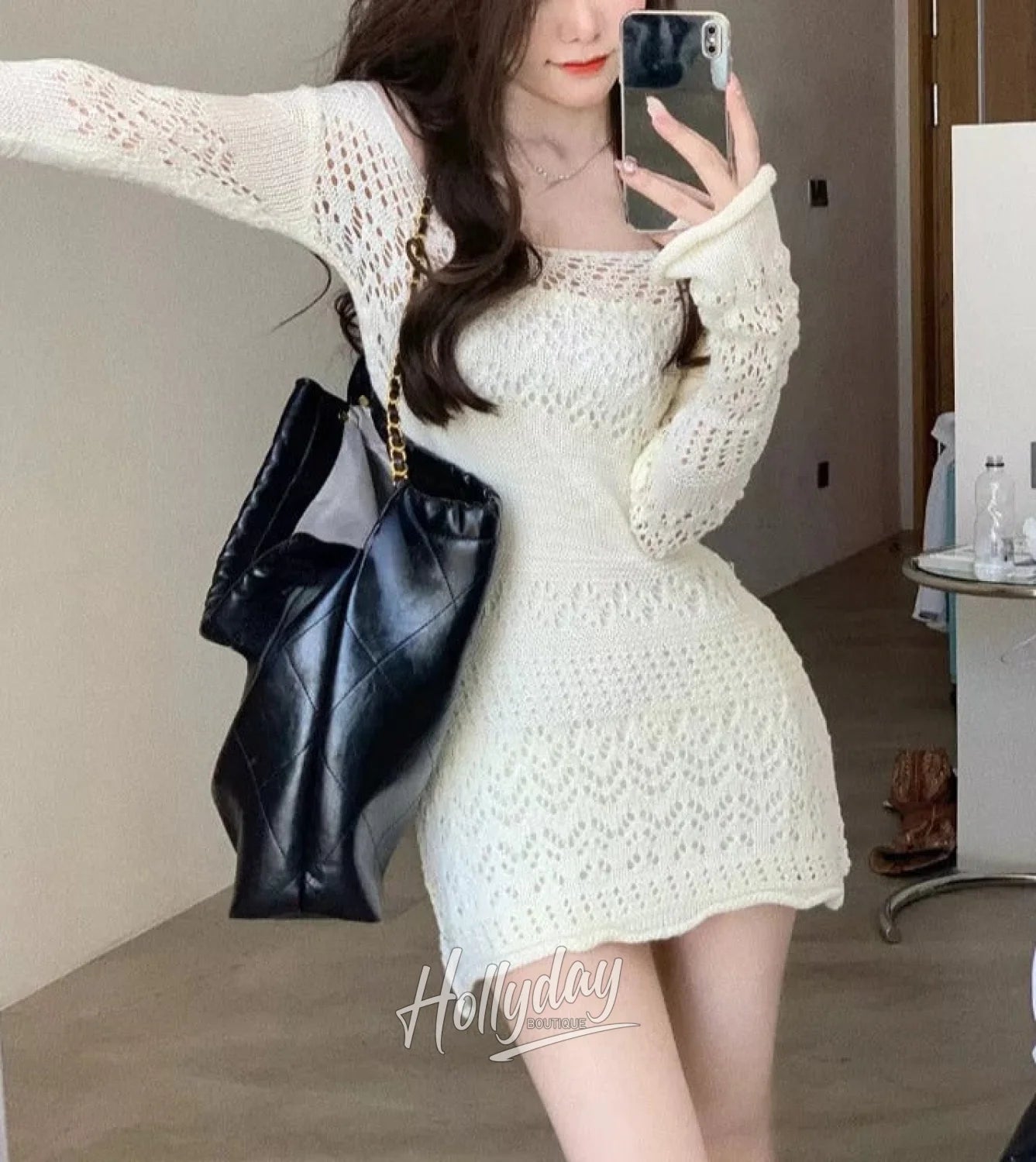 LaPose Fashion - Calynda Knitted Lace Mini Dress - Autumn Clothes, Autumn Dresses, Casual Dresses, Clothing, Daytime Dresses, Dresses, Elegant Dresses,