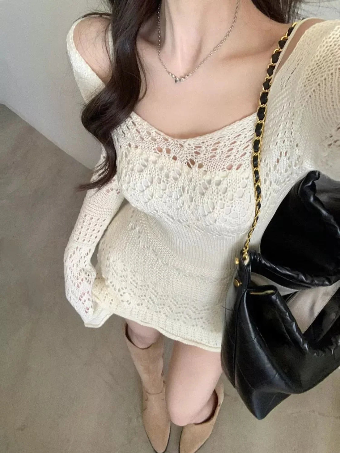 LaPose Fashion - Calynda Knitted Lace Mini Dress - Autumn Clothes, Autumn Dresses, Casual Dresses, Clothing, Daytime Dresses, Dresses, Elegant Dresses,