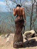 Elise Leopard Halter Maxi Dress Backless