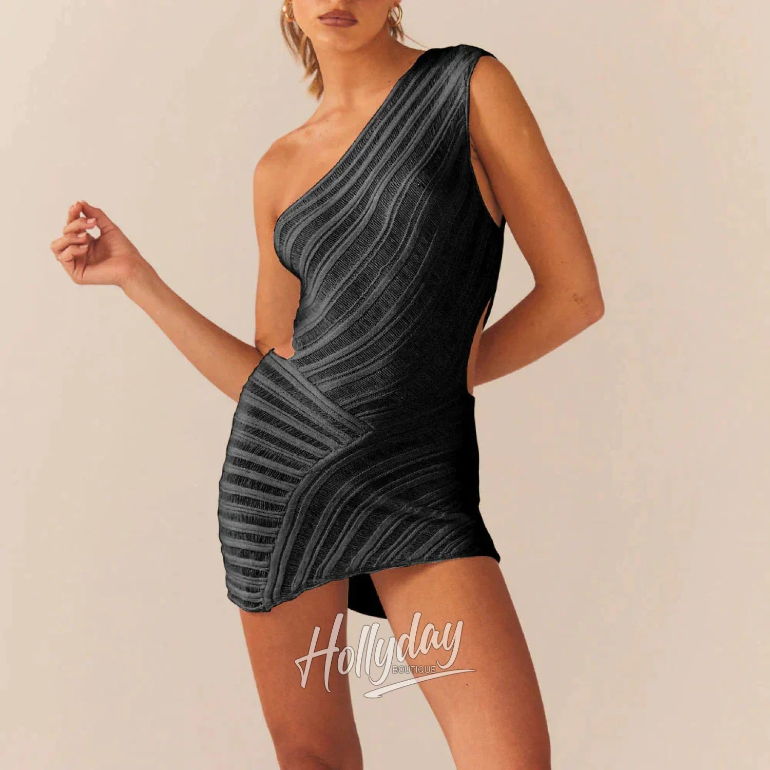 LaPose Fashion - Keelie Knit Mini Dress - Asymmetric Dresses, Casual Dresses, Clothing, Cut-Out Dresses, Daytime Dresses, Dresses, Elegant Dre