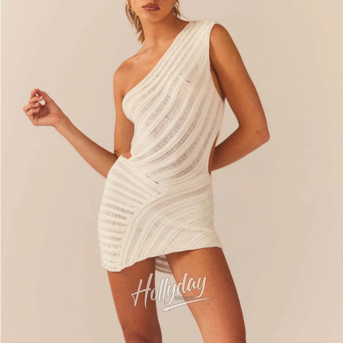 LaPose Fashion - Keelie Knit Mini Dress - Asymmetric Dresses, Casual Dresses, Clothing, Cut-Out Dresses, Daytime Dresses, Dresses, Elegant Dre